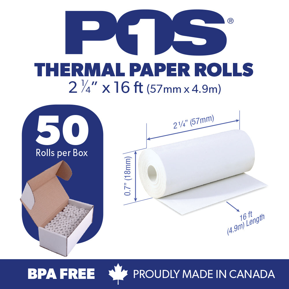 POS1 Thermal Paper 2 1/4 x 16 ft x 18mm CORELESS BPA Free fits Pidion BIP-1500 and Poynt 50 rolls