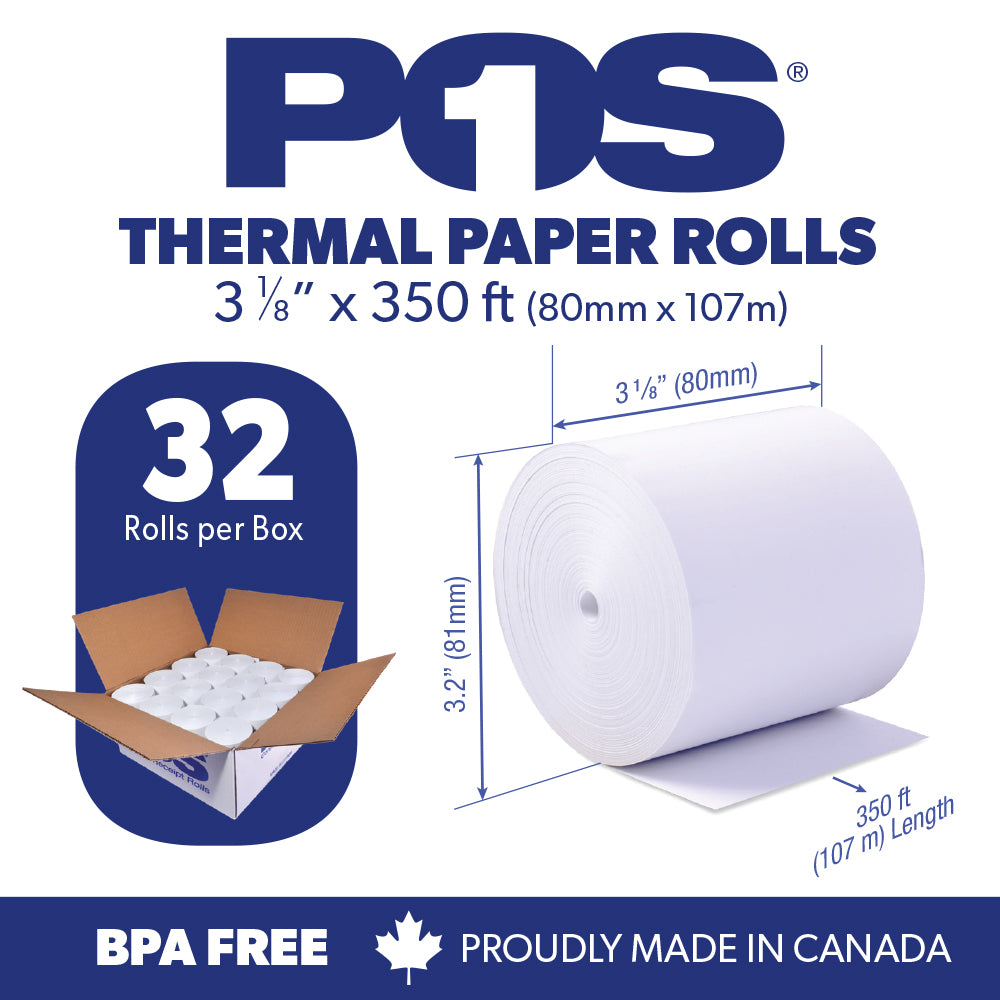 POS1 Thermal Paper Roll 3 1/8 x 350 ft x 82mm CORELESS BPA Free 32 rolls